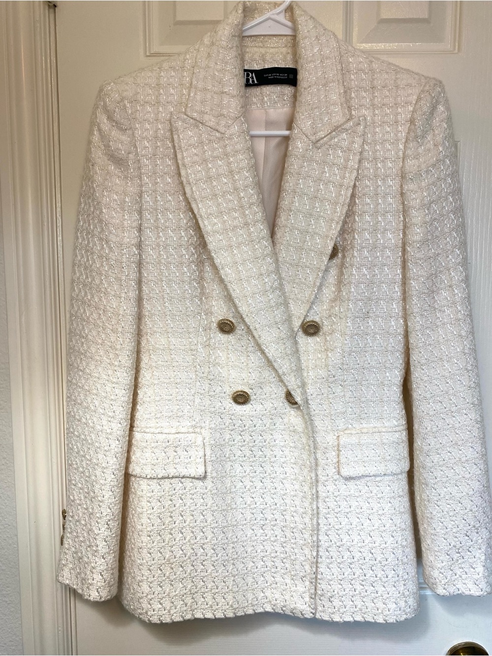 Zara Cream Double-Breasted Tweed Blazer